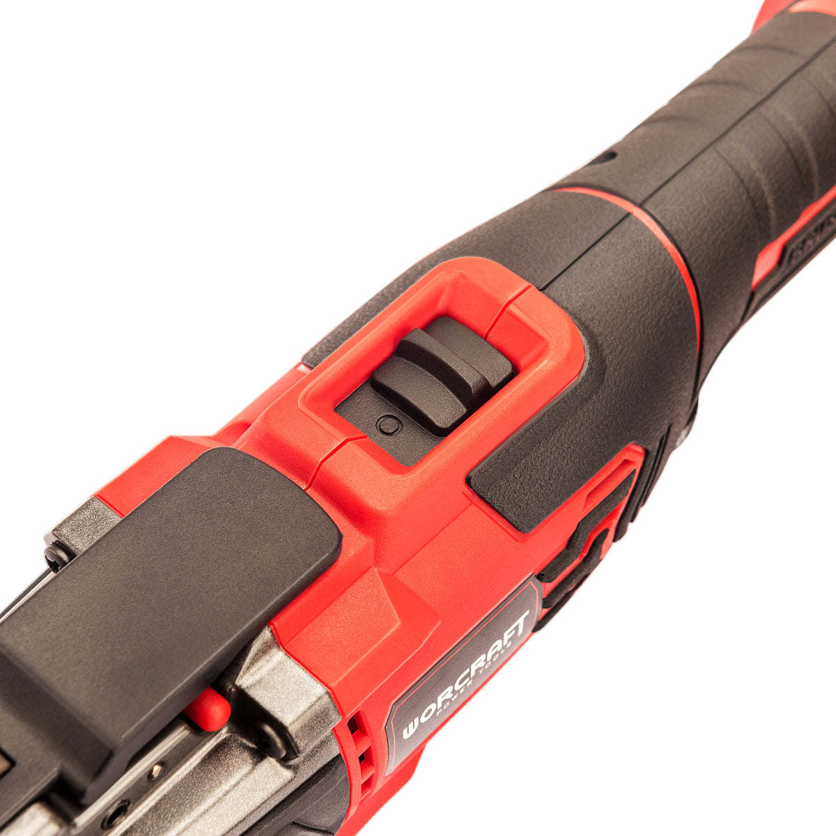 Close-up of a red and black cordless oscillating multi tool handle showing the trigger switch and WORCRAFT branding on a white background.