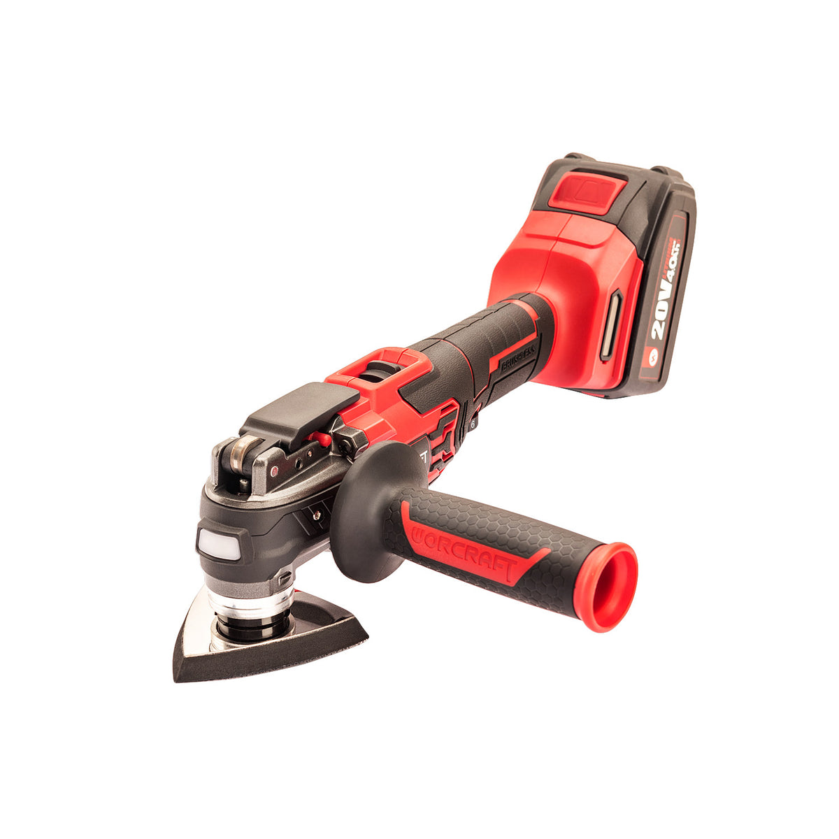 A Worcraft cordless multi-tool grinder with a red and black body, featuring a triangular cutting blade attachment, a side handle, and a red and black battery pack on a solid white background.