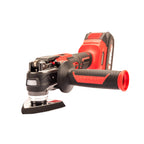 A cordless oscillating multi tool by Worcraft, featuring a red and black body with a textured black handle and a red end cap, shown on a solid white background.