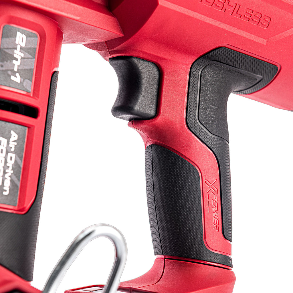 Close-up of a red and black cordless power tool handle with textured grip, trigger, and visible brushless branding on a white background.