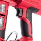 Close-up of a red and black cordless power tool handle with textured grip, trigger, and visible brushless branding on a white background.