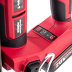 Close-up of a Worcraft red and black cordless nail gun power tool battery pack with a digital display screen and a silver carabiner attached, on a white background.