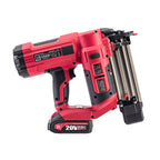 A Worcraft red and black cordless nailer gun with a 20V 2.0Ah battery, shown from a three-quarters angle on a solid white background.