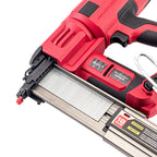 A red and black cordless brushless nail gun with a silver metal guide rail, shown in a close-up studio shot on a white background. The battery pack is labeled 'Worcraft' and 'LXT 18V'.