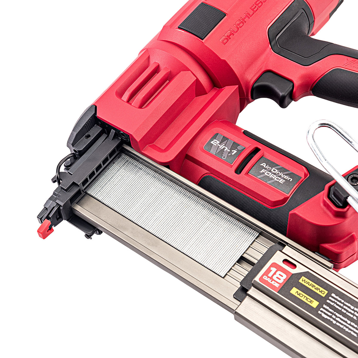 A red and black cordless brushless nail gun with a silver metal guide rail, shown in a close-up studio shot on a white background. The battery pack is labeled 'Worcraft' and 'LXT 18V'.