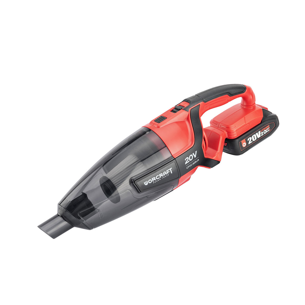 A cordless handheld vacuum cleaner by Worcraft, featuring a red and black body with a transparent dust bin, shown on a solid white background.