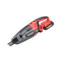 A cordless handheld vacuum cleaner by Worcraft, featuring a red and black body with a transparent dust bin, shown on a solid white background.
