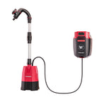 Red and black Worcraft cordless rain barrel pump with a control panel on a white background
