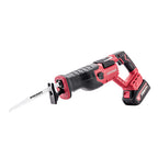 A cordless reciprocating saw with a red and black body, featuring a silver metal blade and visible WORCRAFT branding on both the blade and the handle.