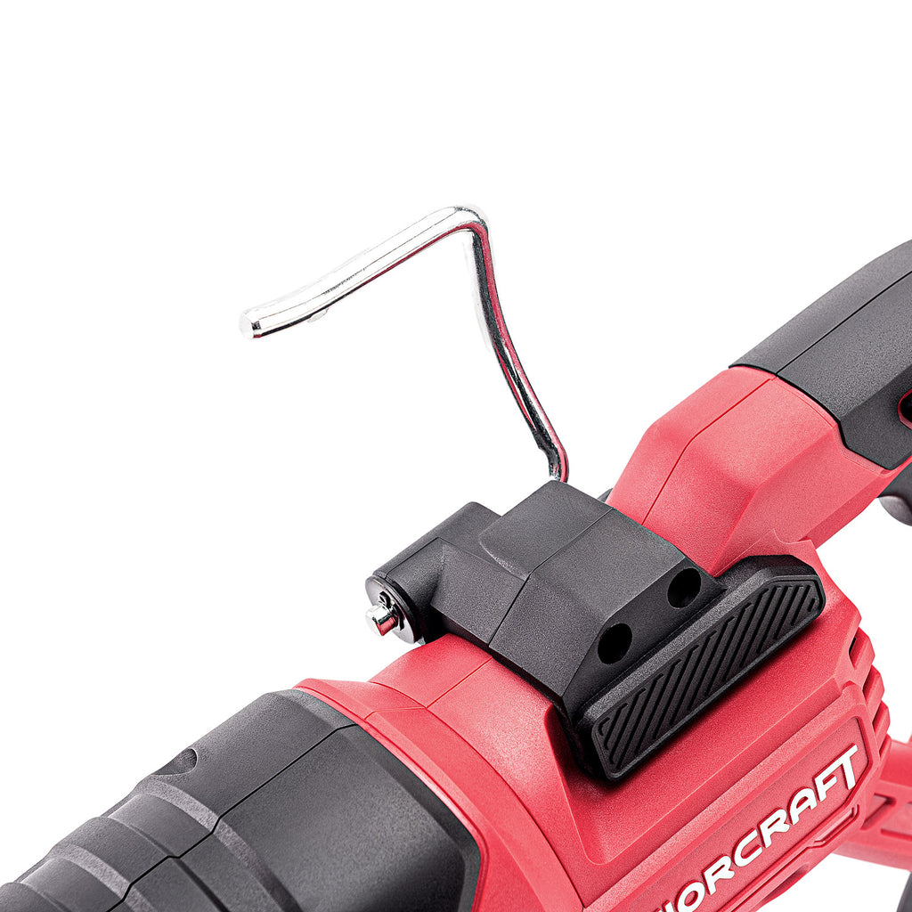 Close-up of a red and black cordless drill or hammer bit holder attachment with a metal wire hook, on a white background. The brand name 'WORCRAFT' is partially visible on the red body.