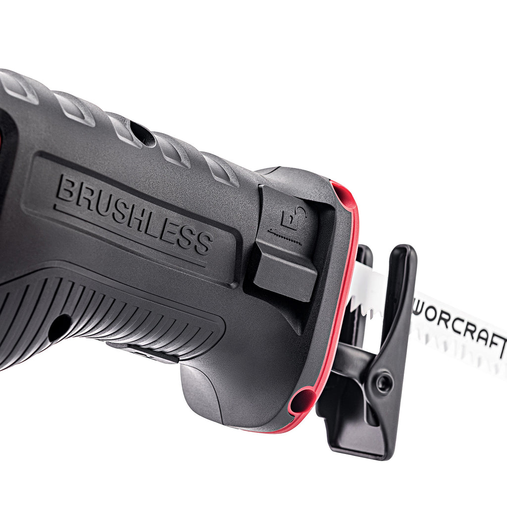 A close-up shot of a Worcraft cordless reciprocating saw with a black brushless body, red trim, and a silver reciprocating blade attached, on a white background.