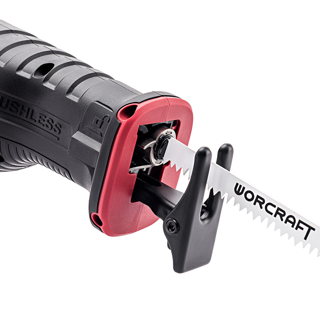 A close-up studio shot of a WORCRAFT reciprocating saw with a black and red handle, showing the blade attachment and part of the silver metal reciprocating blade on a white background.