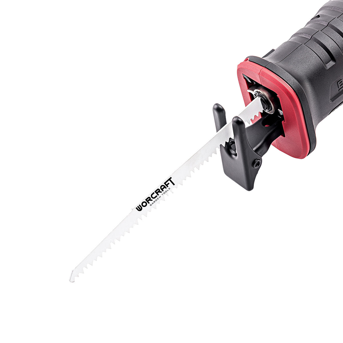 A close-up of a reciprocating saw attachment with a white WorCraft reciprocating saw blade, featuring a black and red tool body on a solid white background.