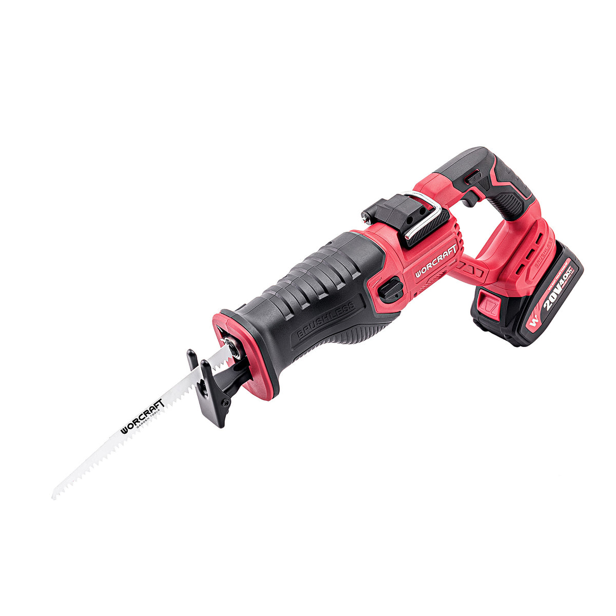 A cordless Worcraft reciprocating saw with a black and red body, a silver metal blade, and a red battery pack, shown on a solid white background.