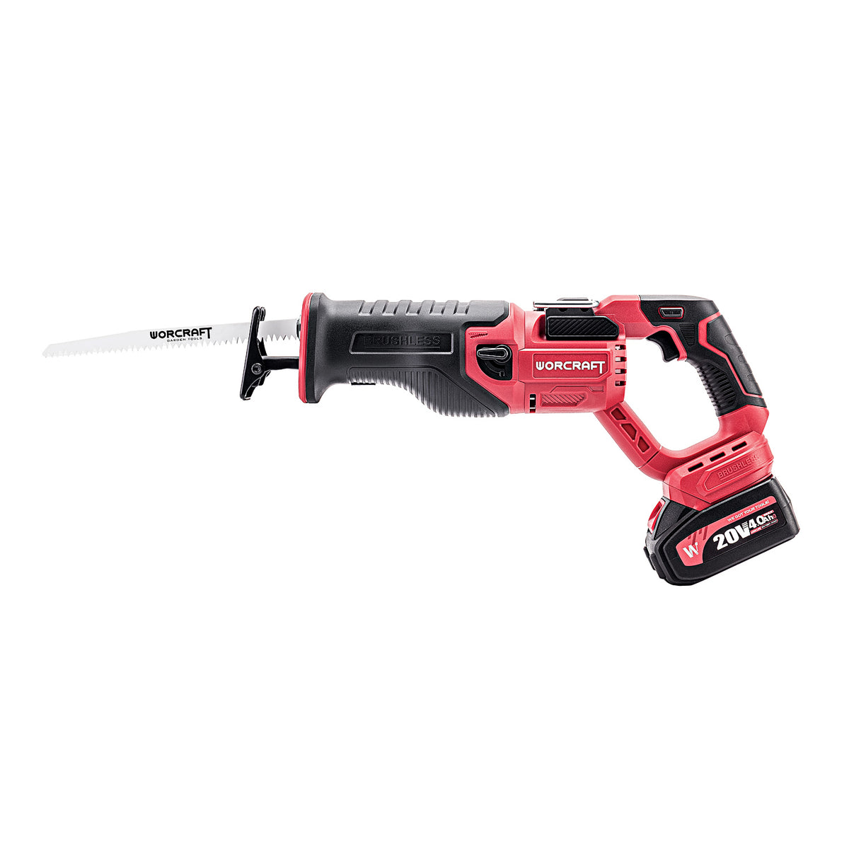 A cordless reciprocating saw with a red and black body, a silver metal blade, and a red-and-black battery pack, shown against a plain white background.