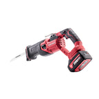 A cordless reciprocating saw with a red and black body, featuring a silver blade and a red-and-black battery pack, shown on a solid white background.