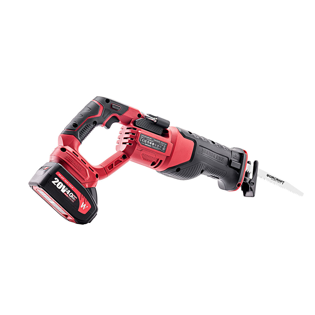 A cordless reciprocating saw with a red and black body, attached to a black 20V-Lite battery, shown on a solid white background.
