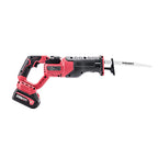 A cordless reciprocating saw with a saw blade attached, shown in red and black on a plain white background. The brand name 'WORCraft' is visible on both the blade and the battery.