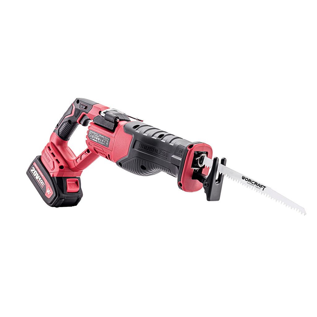 A Worcraft cordless reciprocating saw with a metal blade attachment, shown on a solid white background. The tool features a red and black body with a red battery pack attached to the rear.