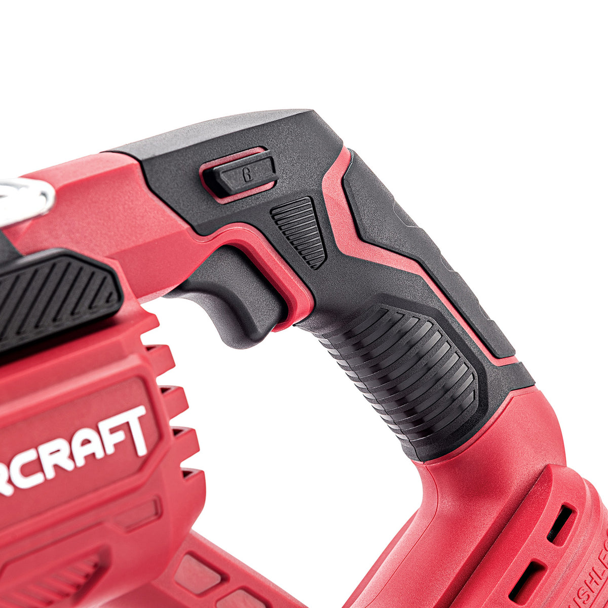 Close-up of a cordless power tool showing the trigger switch, textured black and red grip, and part of the red battery pack with worCRAFT branding on a white background.