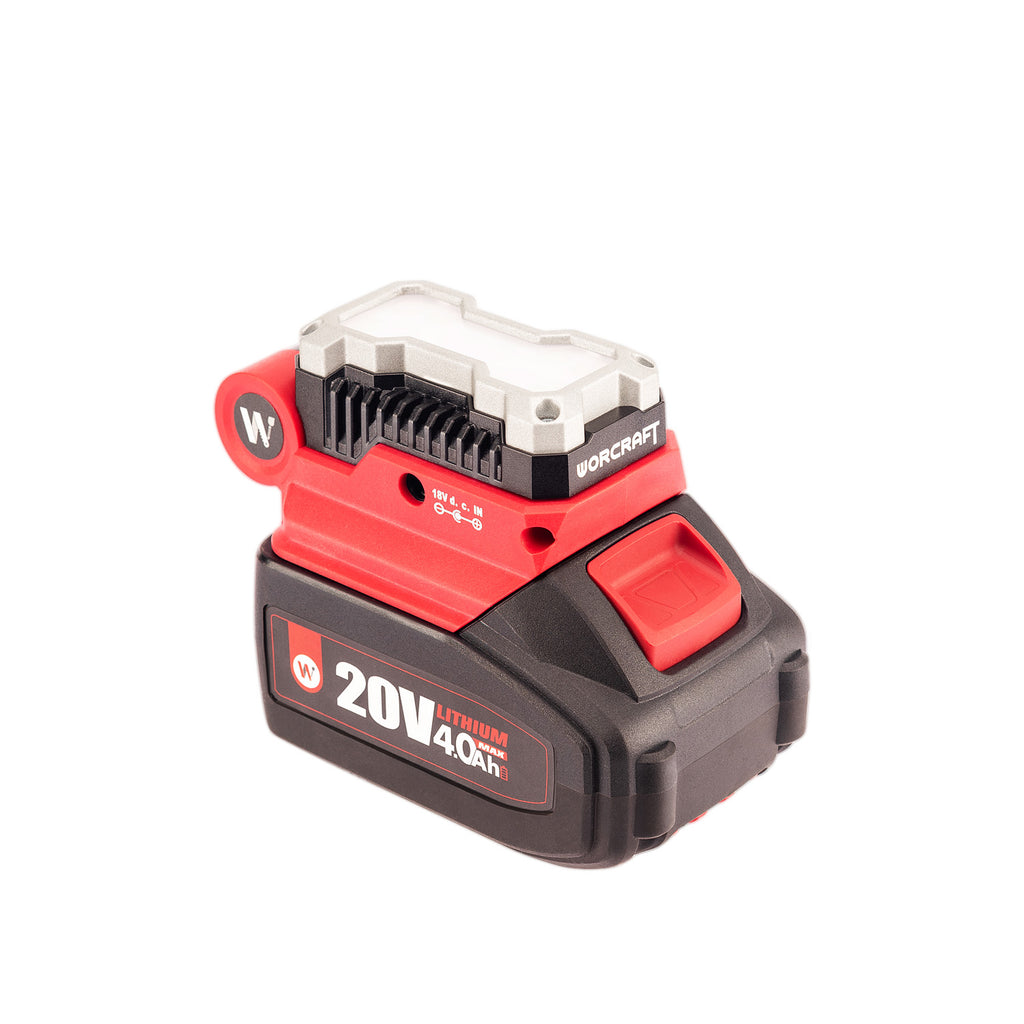 A cordless power tool battery pack from WORCraft, featuring a red and black body with a white plastic top cover, shown on a solid white background.