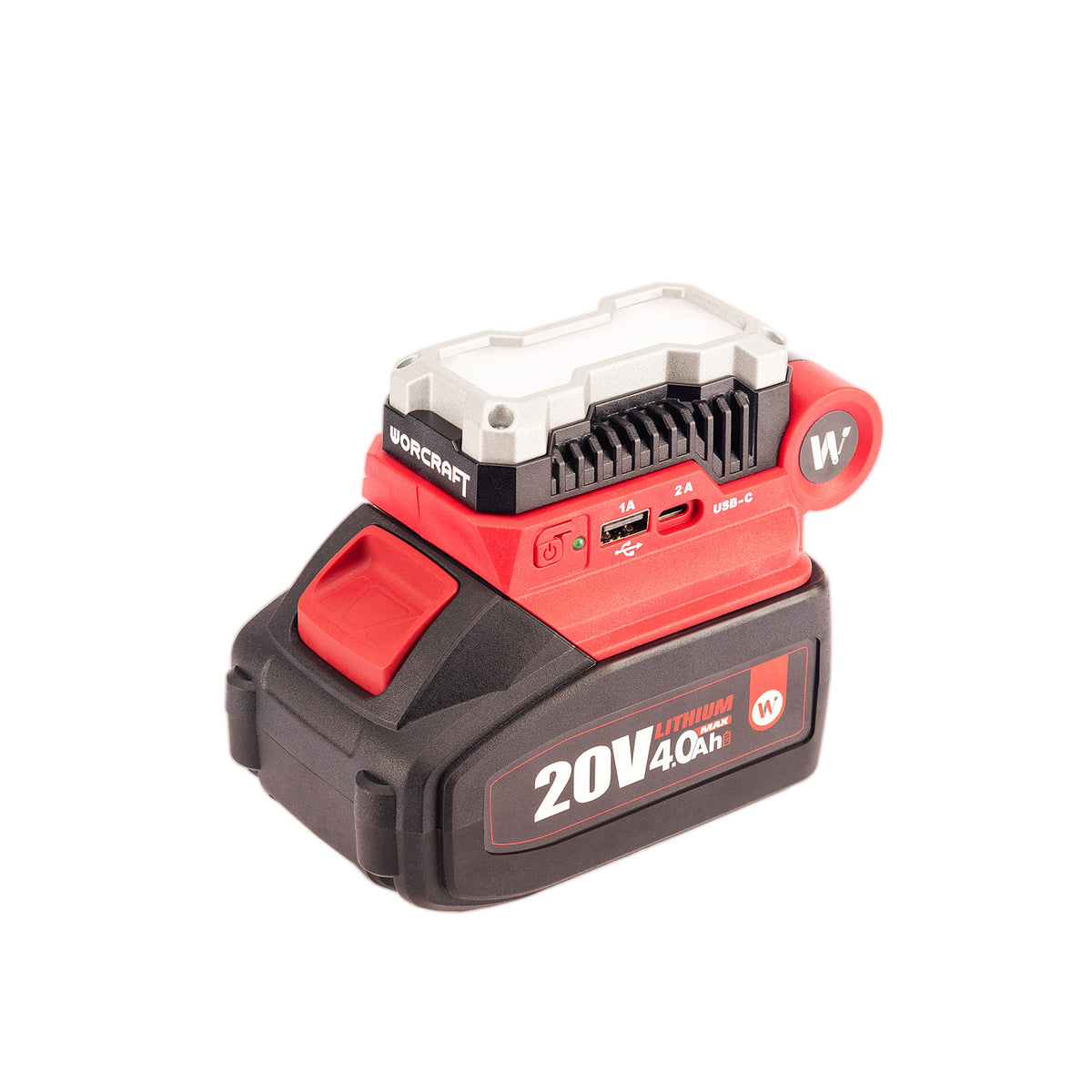 A cordless tool battery pack in red and black with a white top connector, featuring the WORcraft brand logo and 20V 4.0Ah capacity text on a white background.