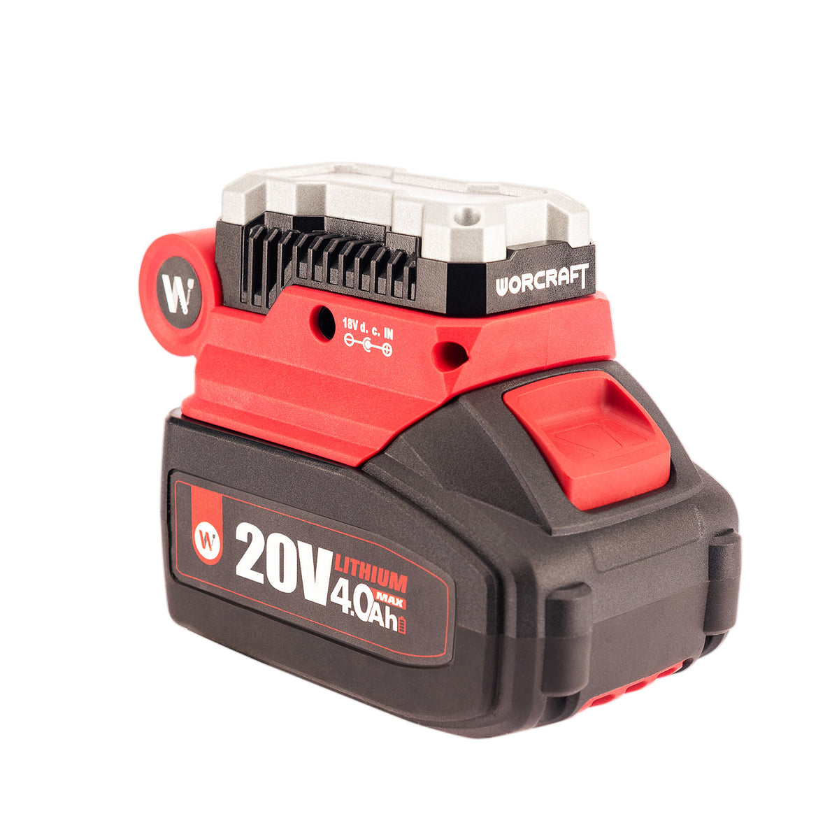 A single WORCRAFT 20V 4.0Ah lithium-ion cordless battery pack, shown at a three-quarter angle on a solid white background.