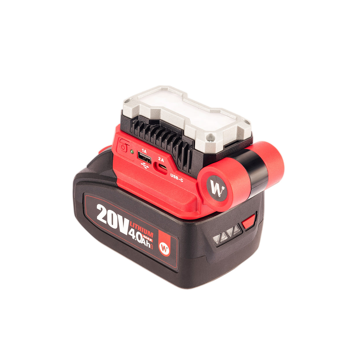 A cordless power tool battery pack with a red and black body, featuring a white plastic top cover and a red side handle, shown on a plain white background.