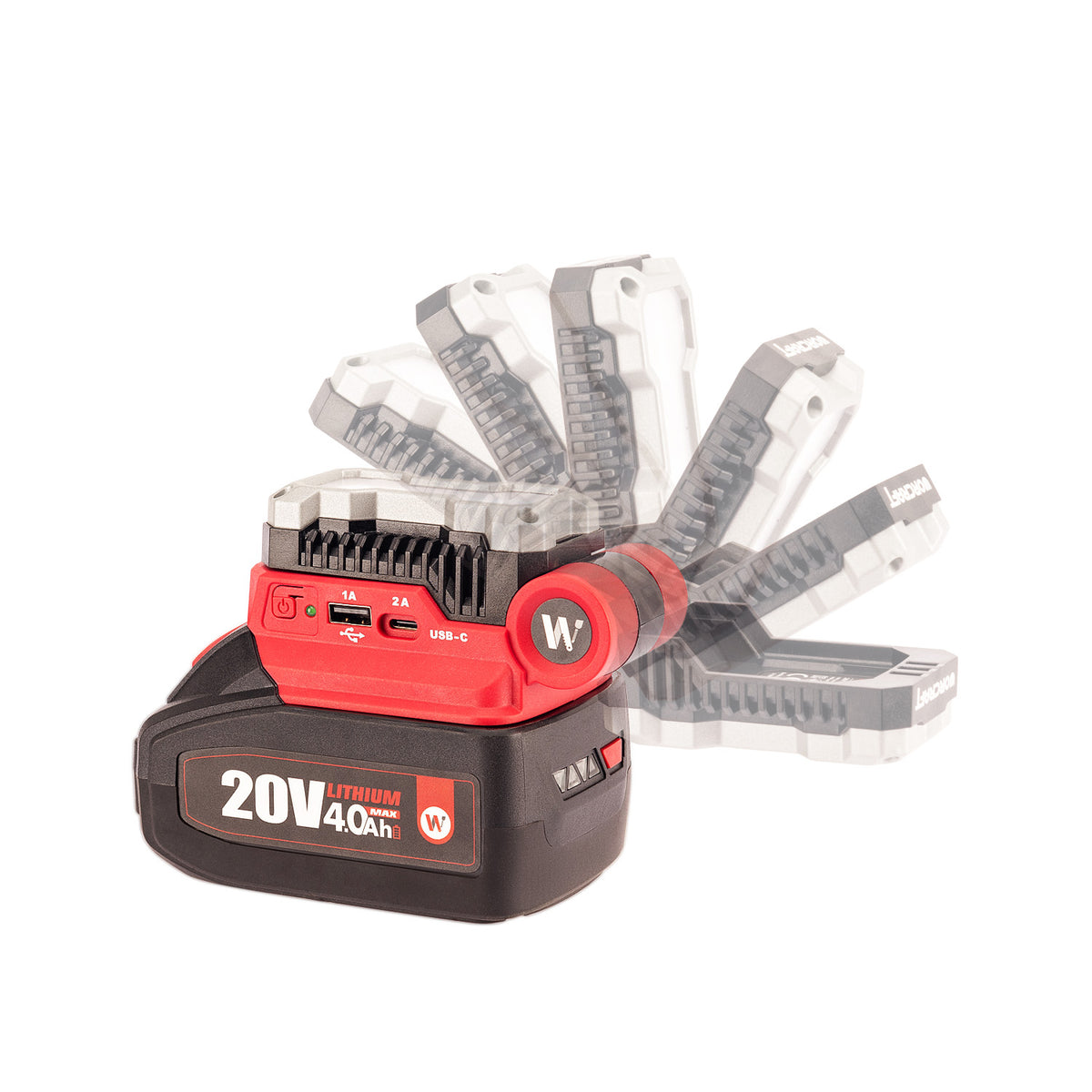 A cordless power tool battery pack with a red and black body, shown with several translucent battery packs fanned out behind it on a white background.