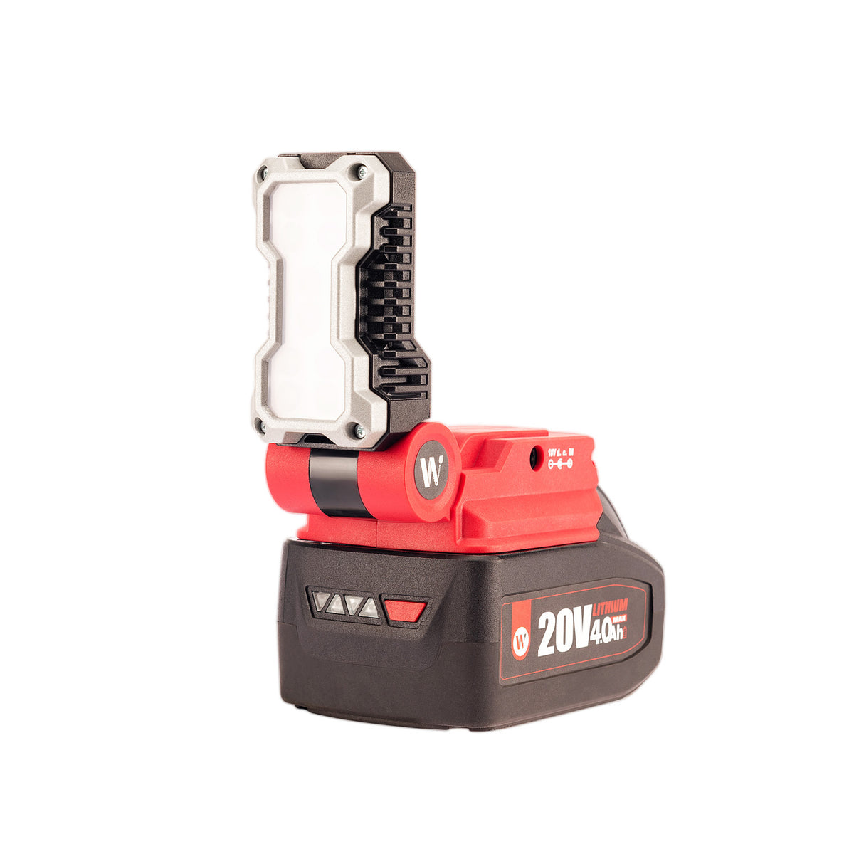 A cordless work light with an integrated battery pack, featuring a red and black body with a silver and black adjustable head, shown on a solid white background.