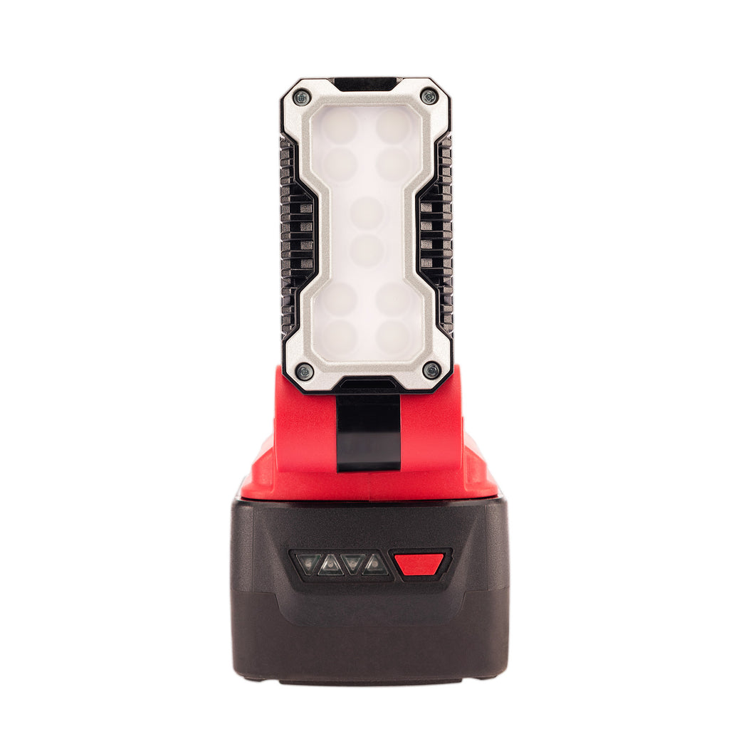 A cordless LED lantern with a red and black handle and a white light panel, shown on a solid white background.