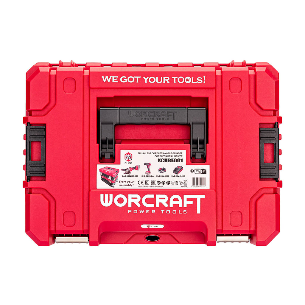 A red heavy-duty tool storage case with black handles and white branding, shown from the back against a white background.