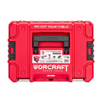 A red heavy-duty tool storage case with black handles and white branding, shown from the back against a white background.