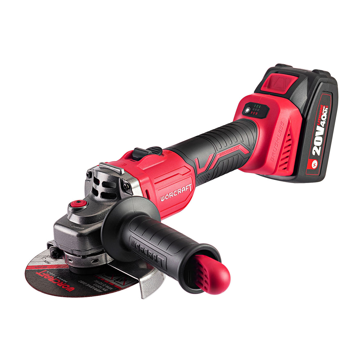 A cordless angle grinder with a red and black body, featuring a red trigger guard and a black battery pack labeled 'Worcraft 20V MAX' on a solid white background.