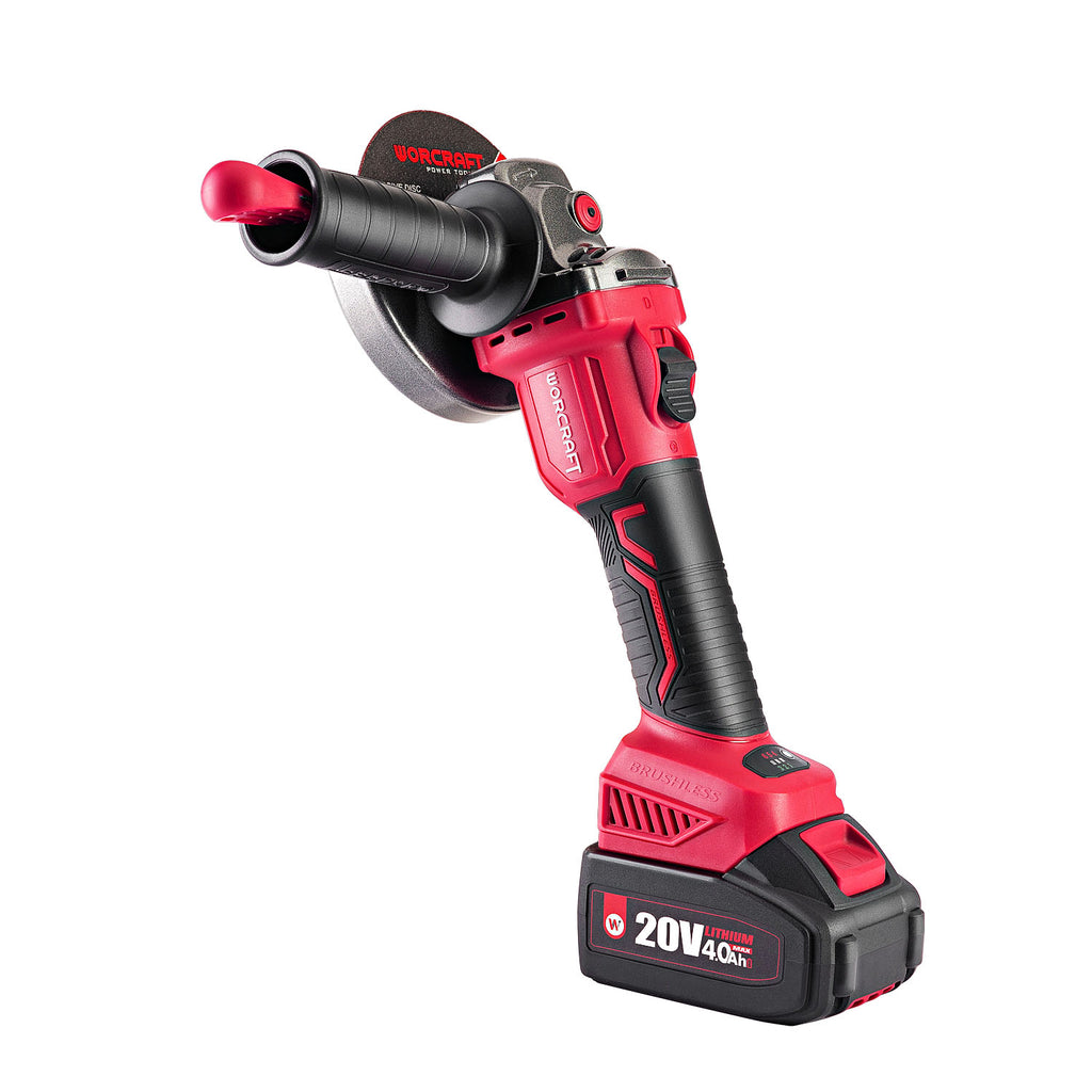 A red and black Worcraft cordless angle grinder with a 20V 4.0Ah Li-ion battery, shown from a three-quarters perspective on a solid white background.