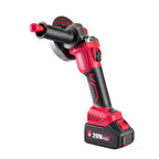 A red and black Worcraft cordless angle grinder with a 20V 4.0Ah Li-ion battery, shown from a three-quarters perspective on a solid white background.