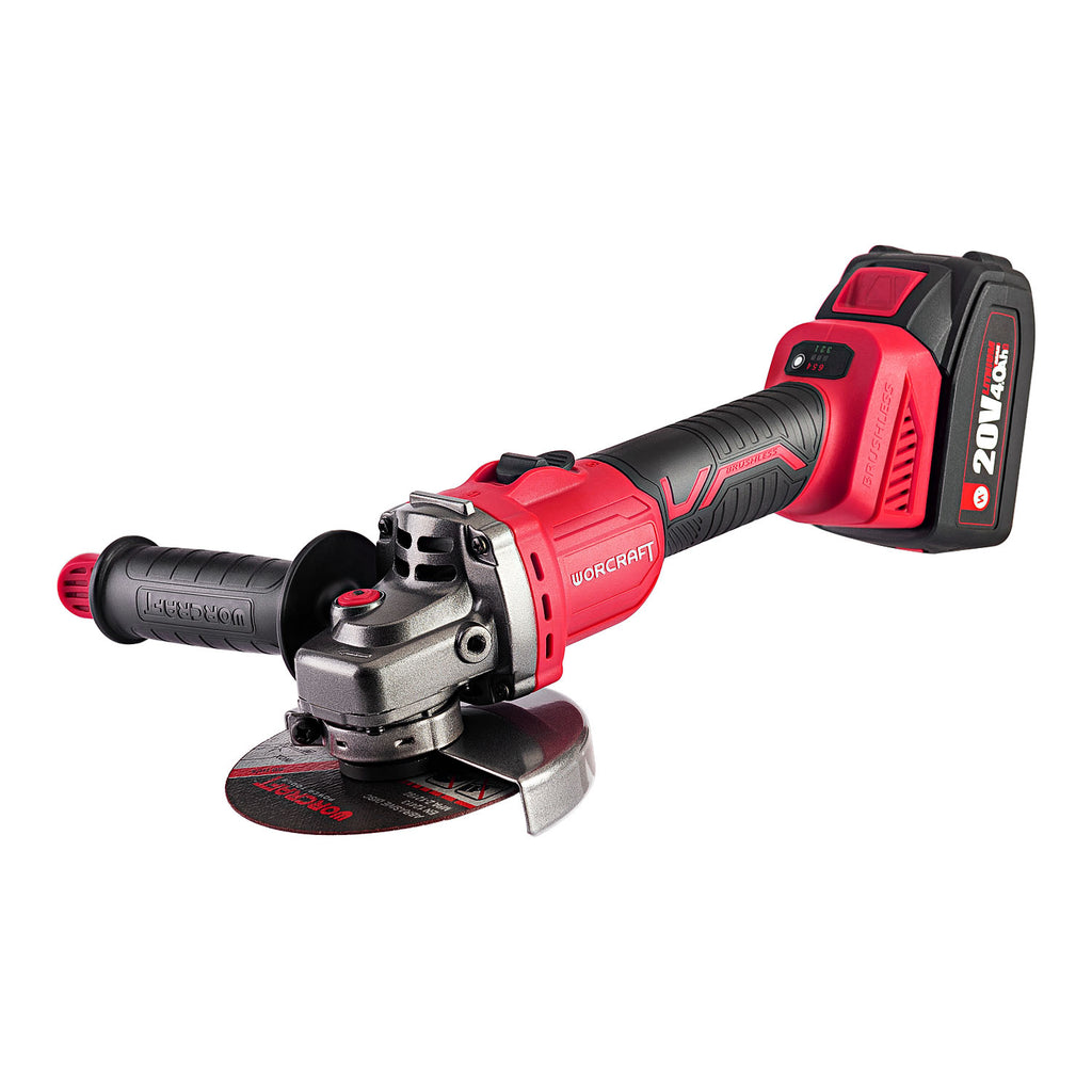 A cordless angle grinder with a red and black ergonomic handle, a metallic grinding head, and a circular guard, shown on a plain white background. The brand name 'WorcRAFT' is visible on the side of the body, and '20V MAX' is printed on the battery pack.
