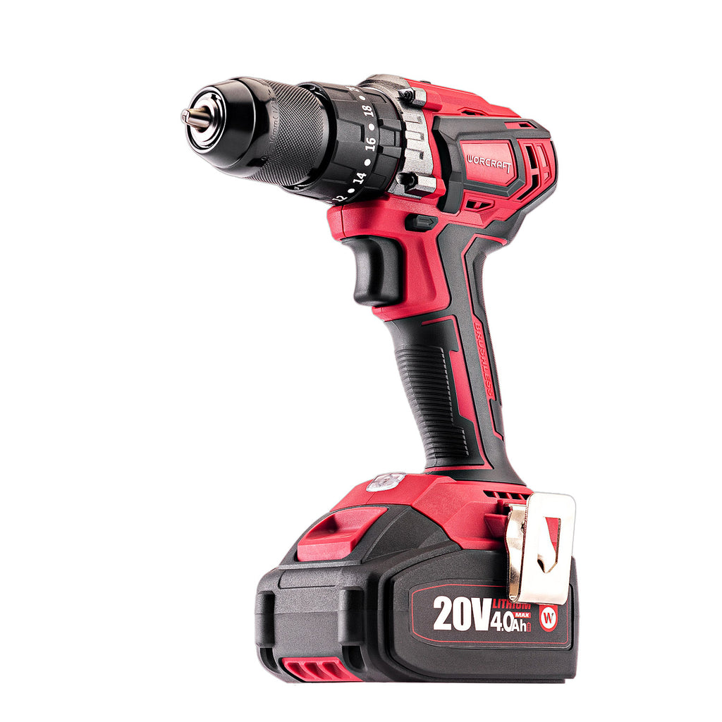 A cordless drill with an attached battery pack, shown from a three-quarters angle on a solid white background. The drill features a red and black body with a silver metal chuck.