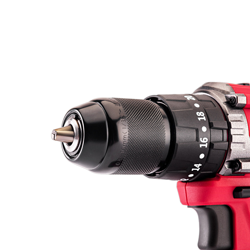 Close-up of a cordless drill chuck and bit holder, showing a black adjustable collar with white torque settings and a metal chuck body, with part of the red and black drill body visible on a white background.