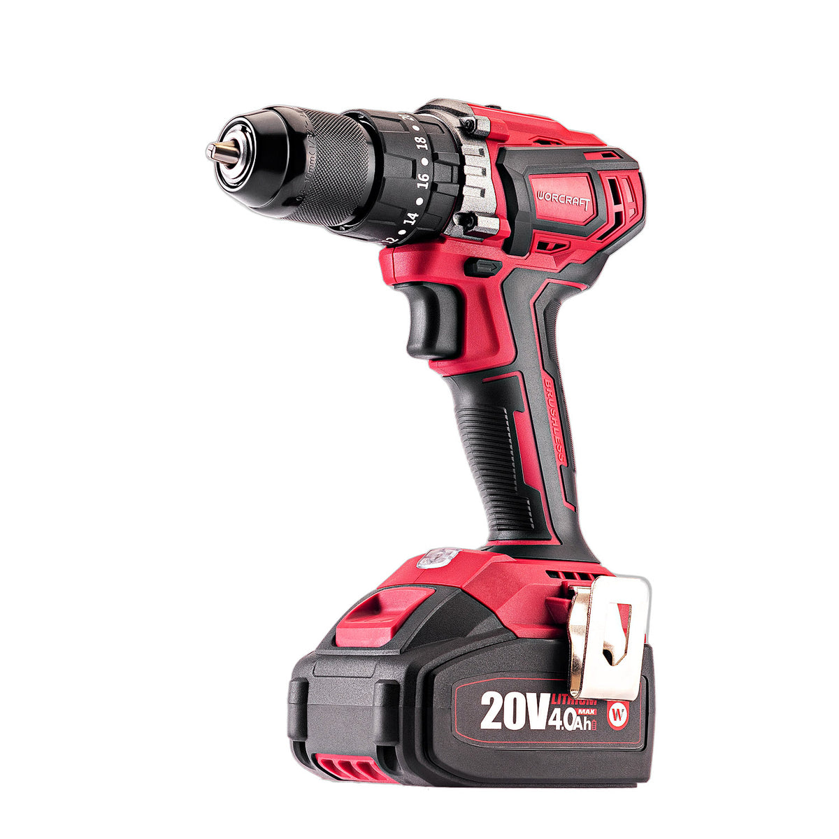 A cordless drill driver with a red and black body, shown with its battery pack attached against a solid white background.