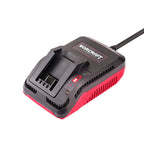 A WorCraft cordless battery charger with a black top and red base, shown on a clean white background with its power cable extending out of the frame.