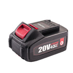 A 20V 4.0Ah lithium-ion cordless battery with a black body and red accents, featuring a red power switch and a white and red label on the side.