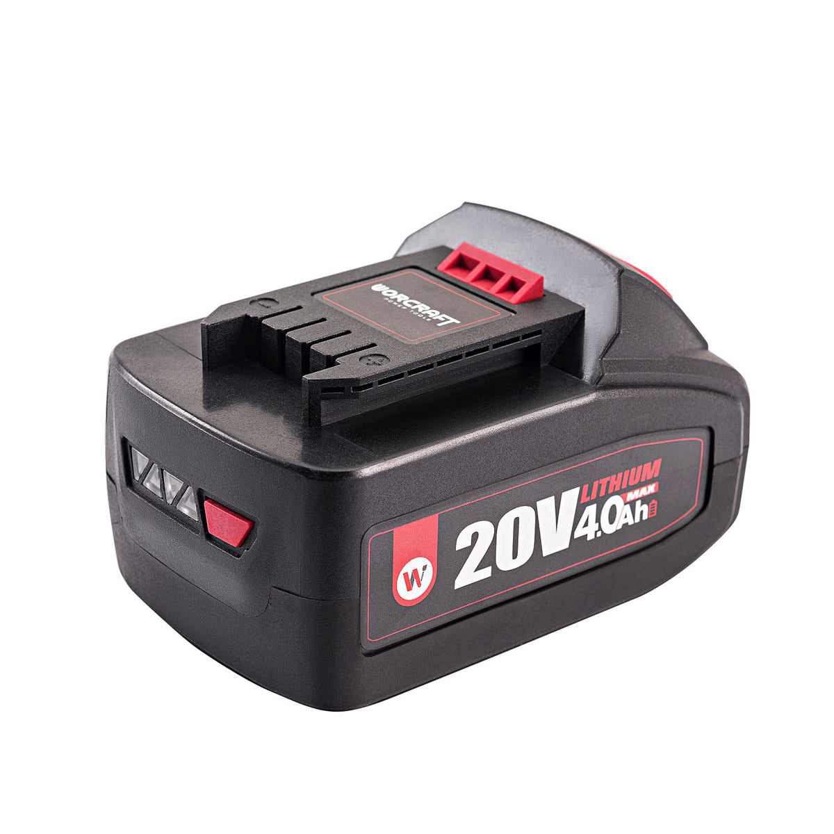 A 20V 4.0Ah lithium-ion cordless tool battery with a black body, red accents, and white text on a clean white background.