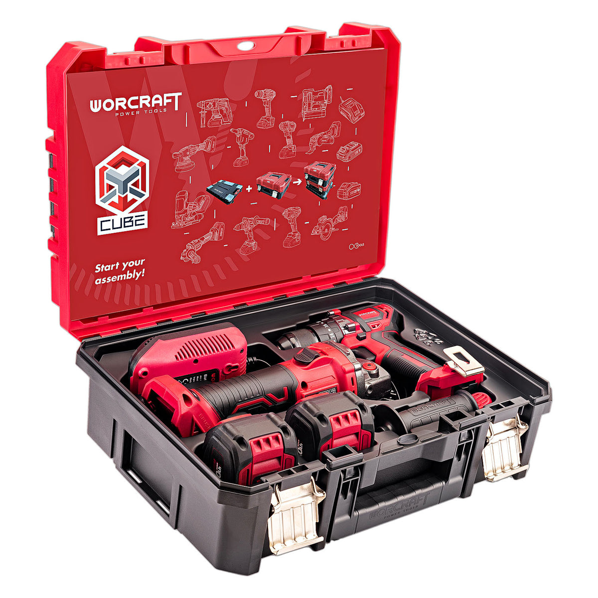 A red and black WORCRAFT XCUBE cordless drill kit displayed in an open molded storage case on a white background. The kit includes a drill, two cordless batteries, and various accessories organized in the case.