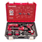 A red and black WORCRAFT 18V cordless tool kit displayed inside an open hard carrying case. The kit includes a drill/driver, a reciprocating saw, a hammer, two batteries, and a charger, all arranged in a black foam tray.