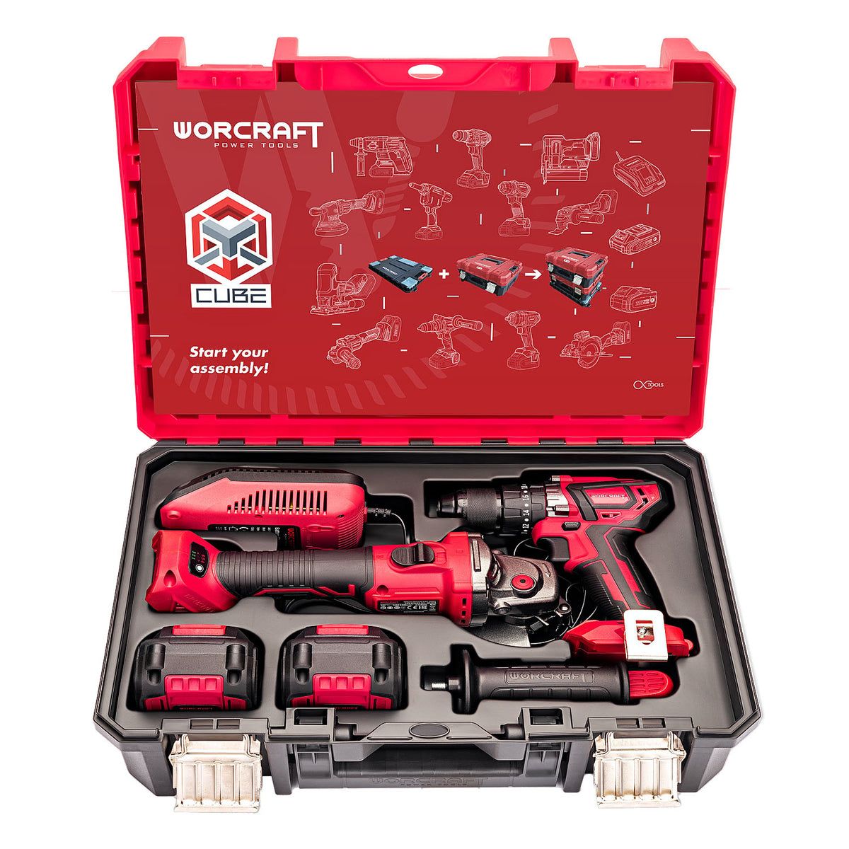 A red and black WORCRAFT 18V cordless tool kit displayed inside an open hard carrying case. The kit includes a drill/driver, a reciprocating saw, a hammer, two batteries, and a charger, all arranged in a black foam tray.