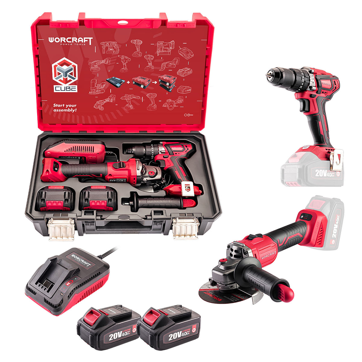 A cordless power tool kit in a red and black presentation case, shown with two drill/driven tools, a grinder, two batteries, and a charger on a clean white background. The tools are branded WORCRAFT and the batteries are labeled 20V MAX.