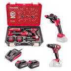 A red and black WORCRAFT XCUBE cordless drill kit displayed with its open carrying case, drill and impact driver bits, two 20V MAX lithium-ion batteries, a charger, and two additional drill angles on a clean white background.