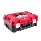 A red and black Worcraft tool storage case with white latches, shown on a solid white background.