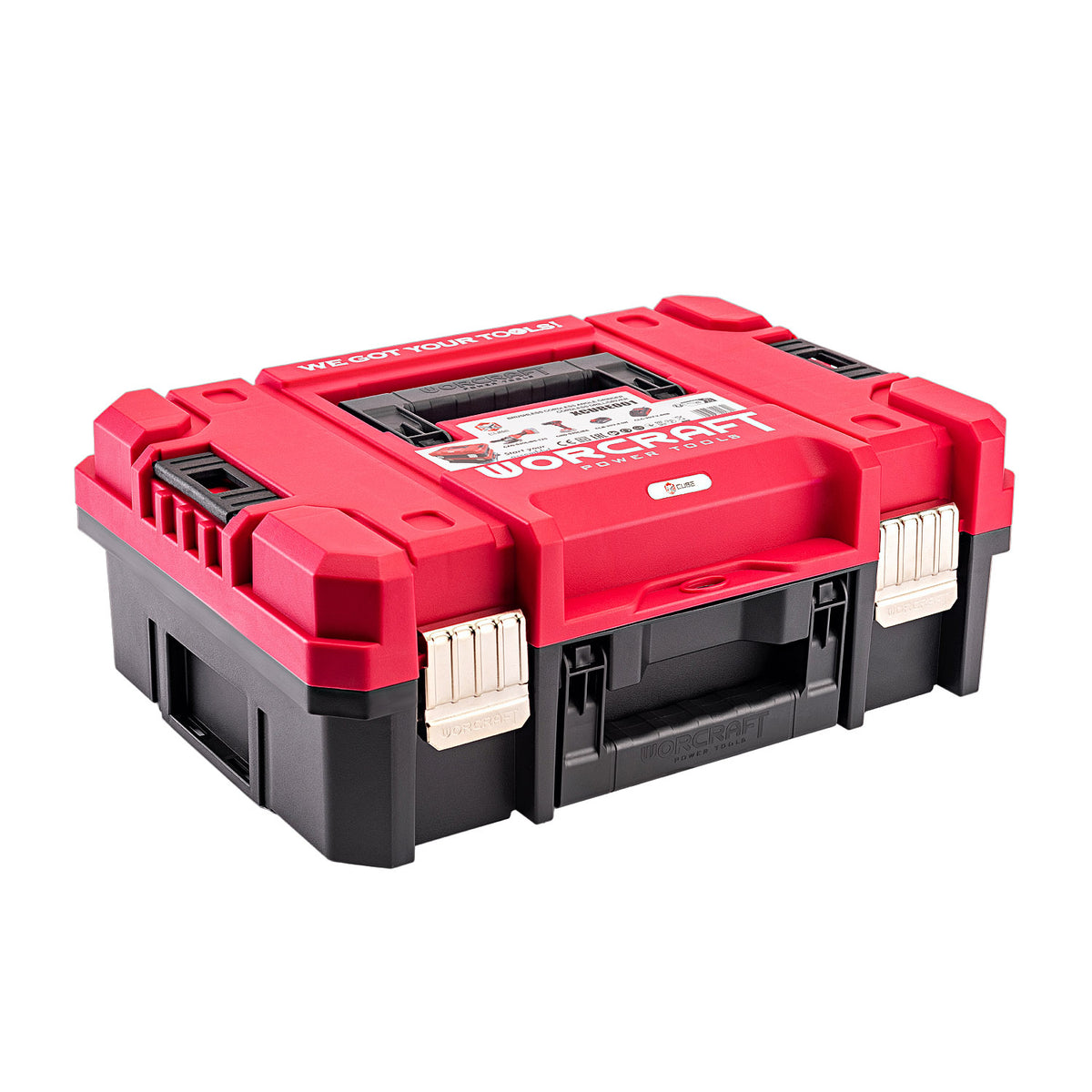 A red and black Worcraft tool storage case with white latches, shown on a solid white background.